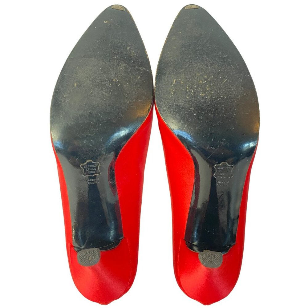 Vintage Charles Jourdan Shoes Heels Leather Red Satin Rhinestone Size 9 Paris - Picture 9 of 10